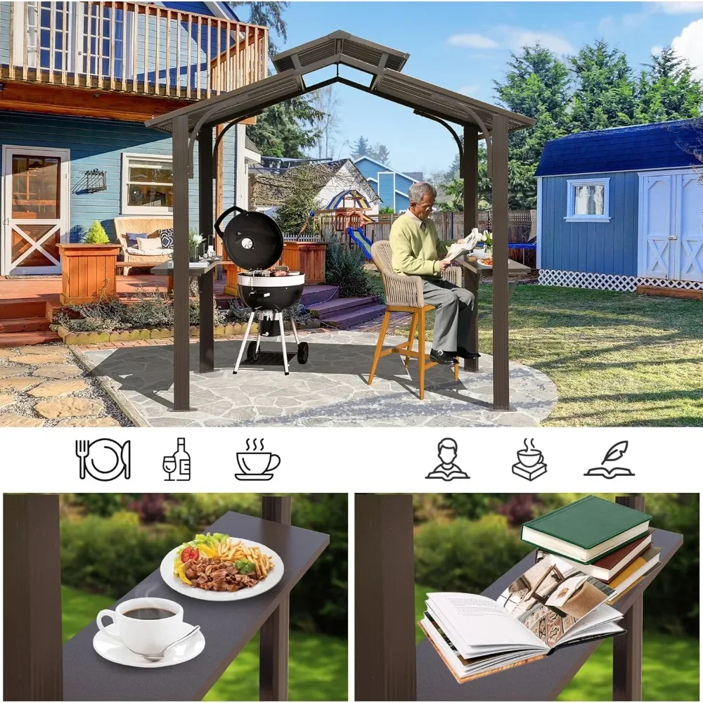 Hardtop Grill Gazebo 8x5FT, 2 Side Shelves and Ceiling Hooks, BBQ Gazebo Grill Tent for Patio Garden Backyard, Brown gazebos