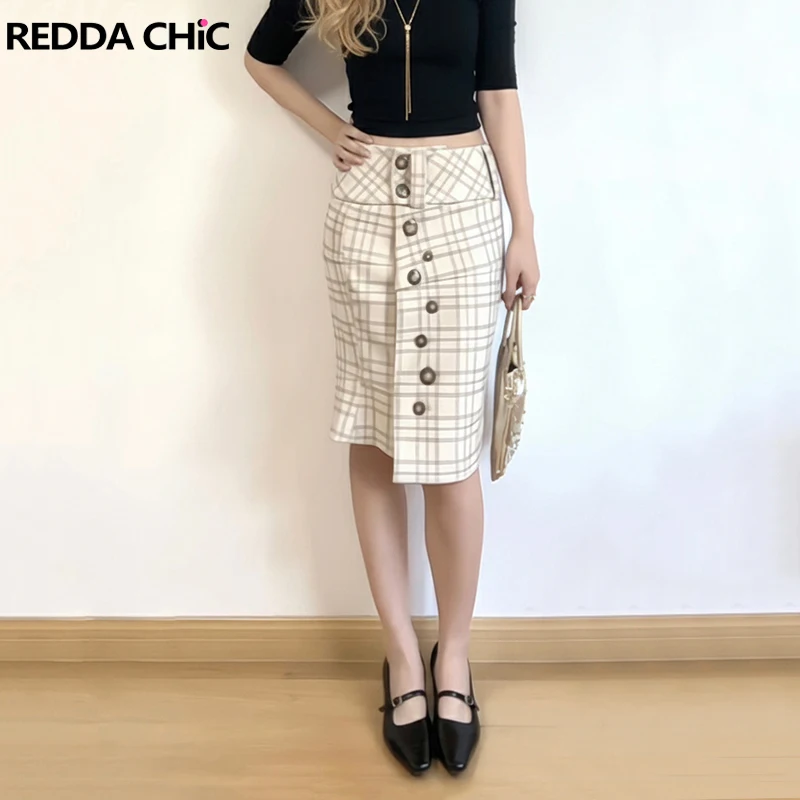 

REDDACHiC Irregular Buttons Women Suit Skirt Trendy White Checkered Fitted Knee Long Bodycon Sheath Skirt Vintage Y2K Bottoms