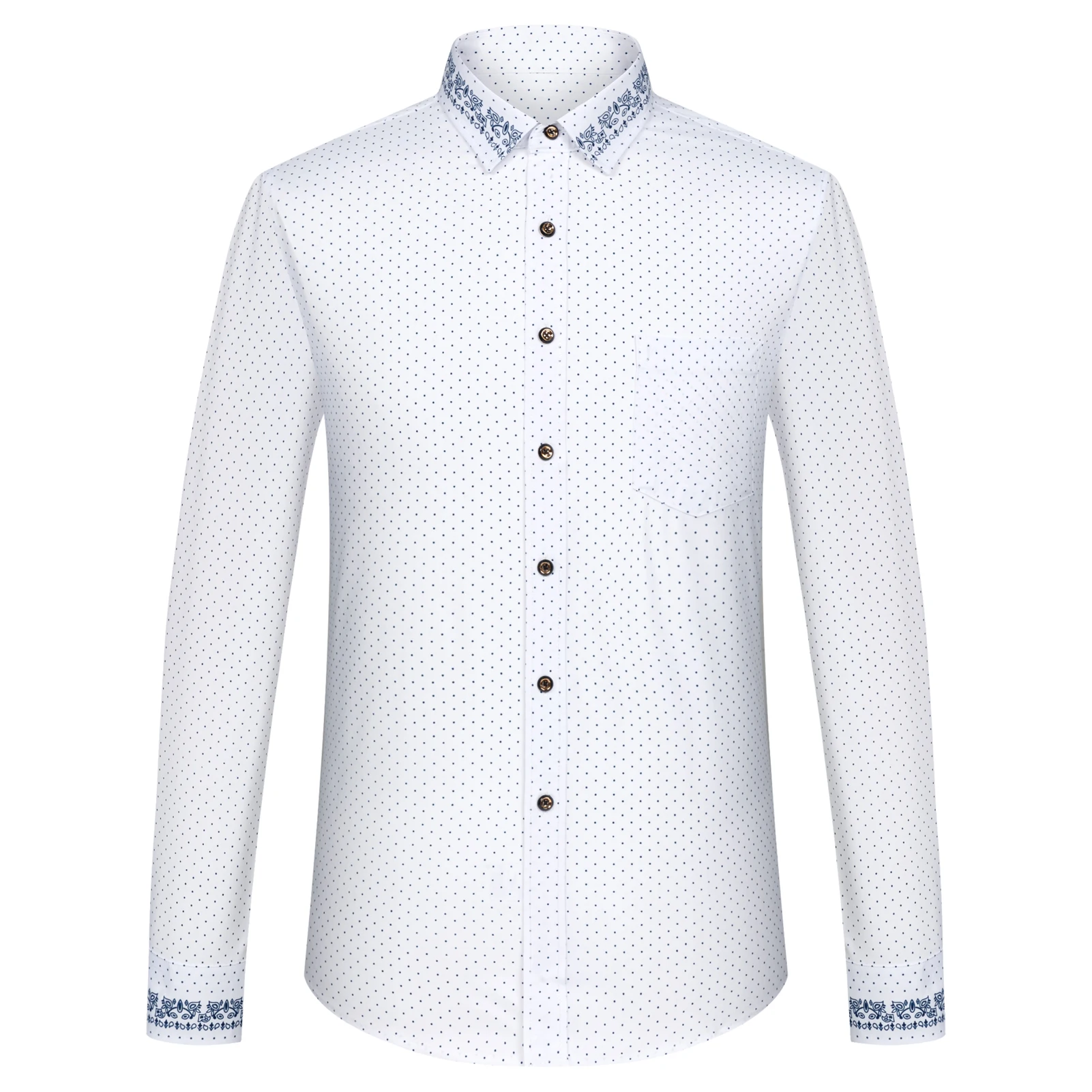

Men's Contrast Collar Button-up Shirt, Breathable Stretch Long Sleeve Dot Print Beach Vacation Top for Spring Summer Fashion