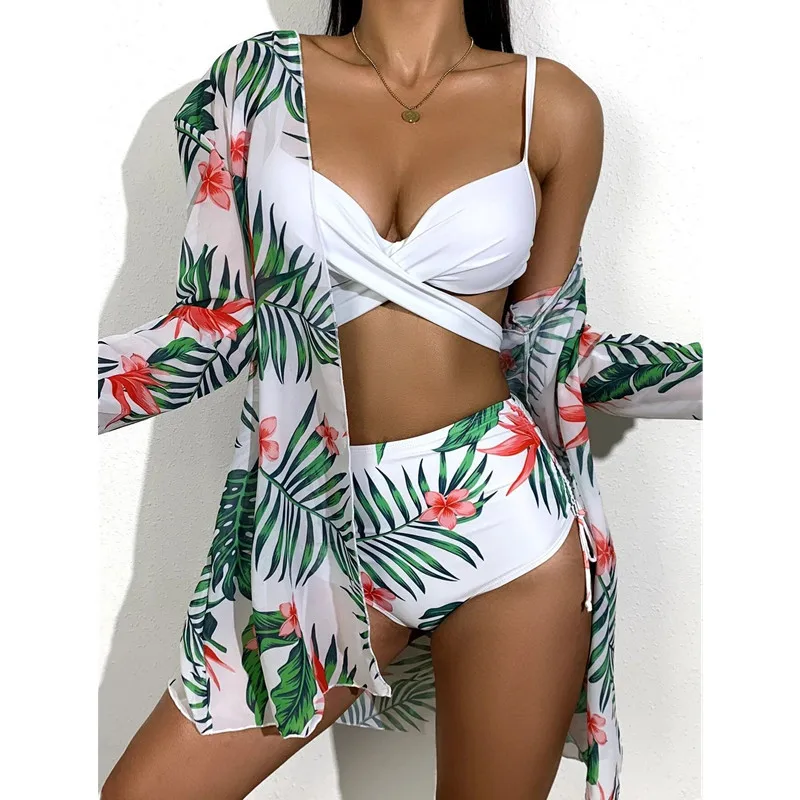 3 Piece Swimsuit Bikini with Long Sarongs Cover Up Beach Swimwear for Women Holiday Bathing Suits