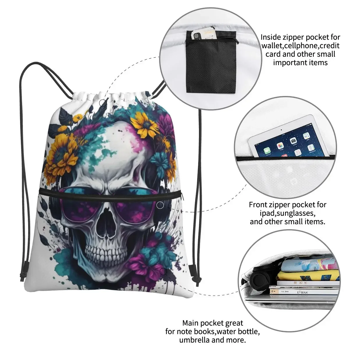 Mochila portátil con calavera de acuarela con flores, bolso con cordón, paquete de bolsillo, bolsas de libros para viajes, hombre y mujer