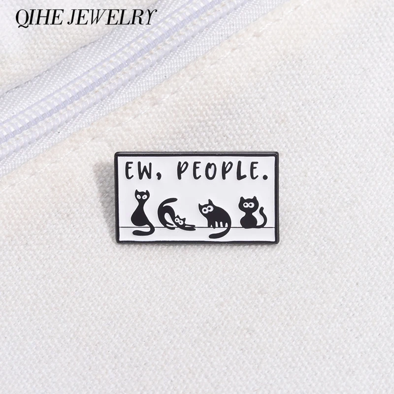 Funny Comic Black Cat Enamel Pins Custom EW, PEOPLE Geometric Brooches Backpack Lapel Badges Animal Jewelry Gift for Friends