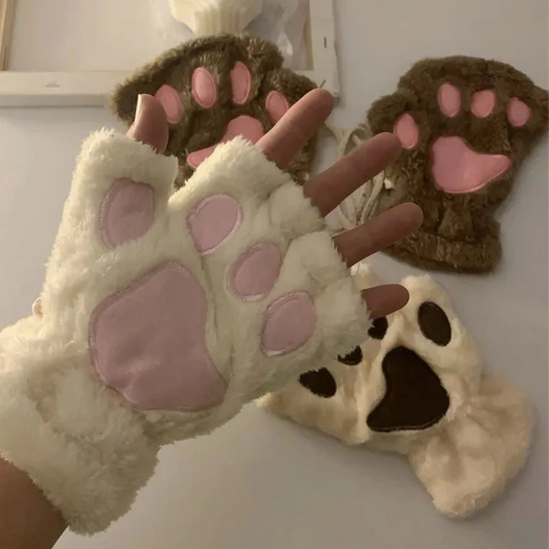 Cartoon Cute Cat Claw Paw Gloves Women Plush Mittens Warm Soft Plush Short Fingerless Fluffy Bear Cat Gloves Costume Half Finger