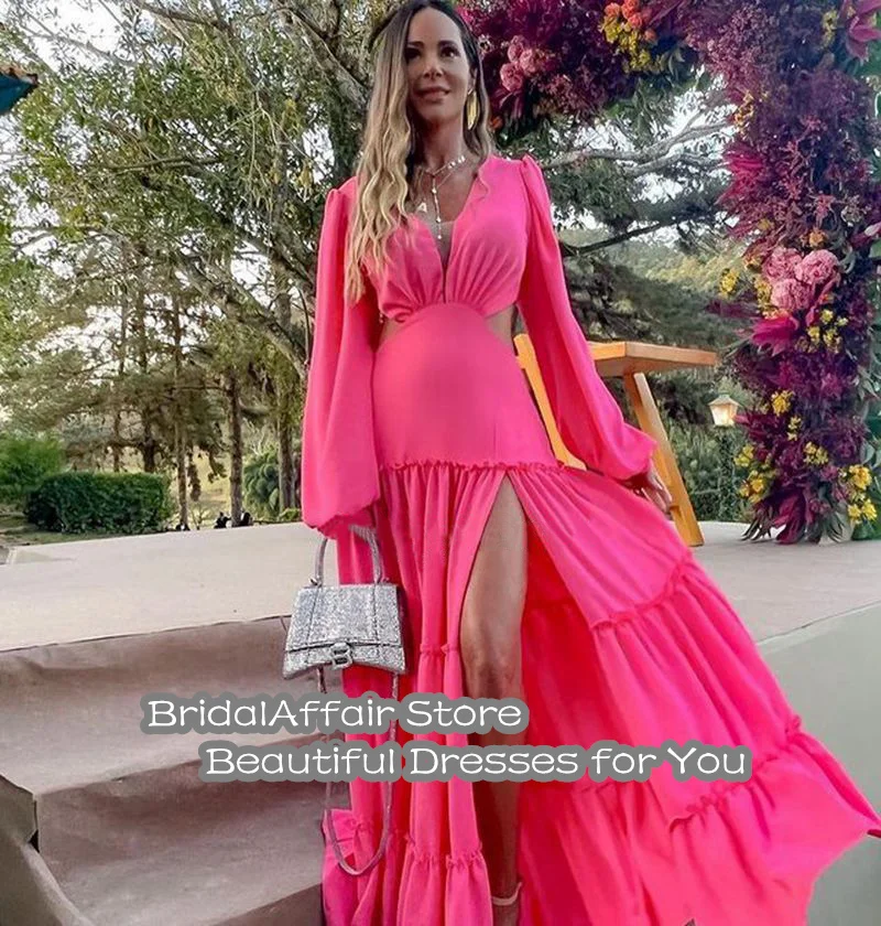 BridalAffair-vestido De noche De gasa con mangas abullonadas, traje De noche De gasa con cuello en V fruncido, vestido De fiesta De playa, color fucsia, Abiti Da Cerimonia, 2022