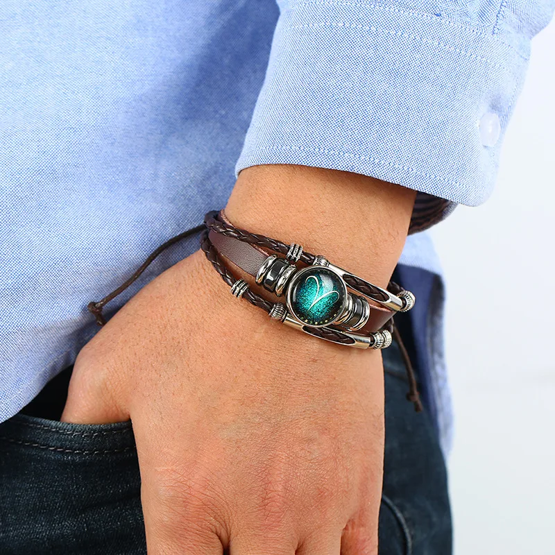 12 Constellation Zodiac Sign Charm Luminous Bracelets Men Women Vintage Multilayer Wrap Leather Bracelet & Bangle Birthday Gift