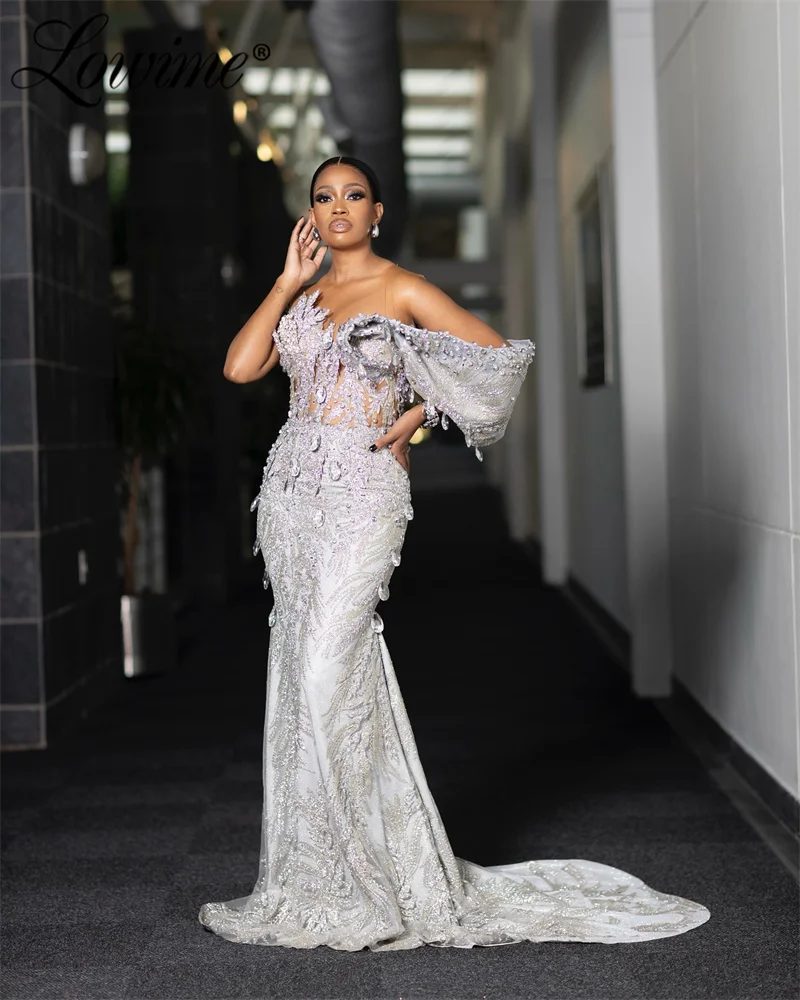 2024 Silver Celebrity Dresses Off The Shoulder Mermaid Customize Evening African Prom Dress Applique Crystals Arabic Party Gowns