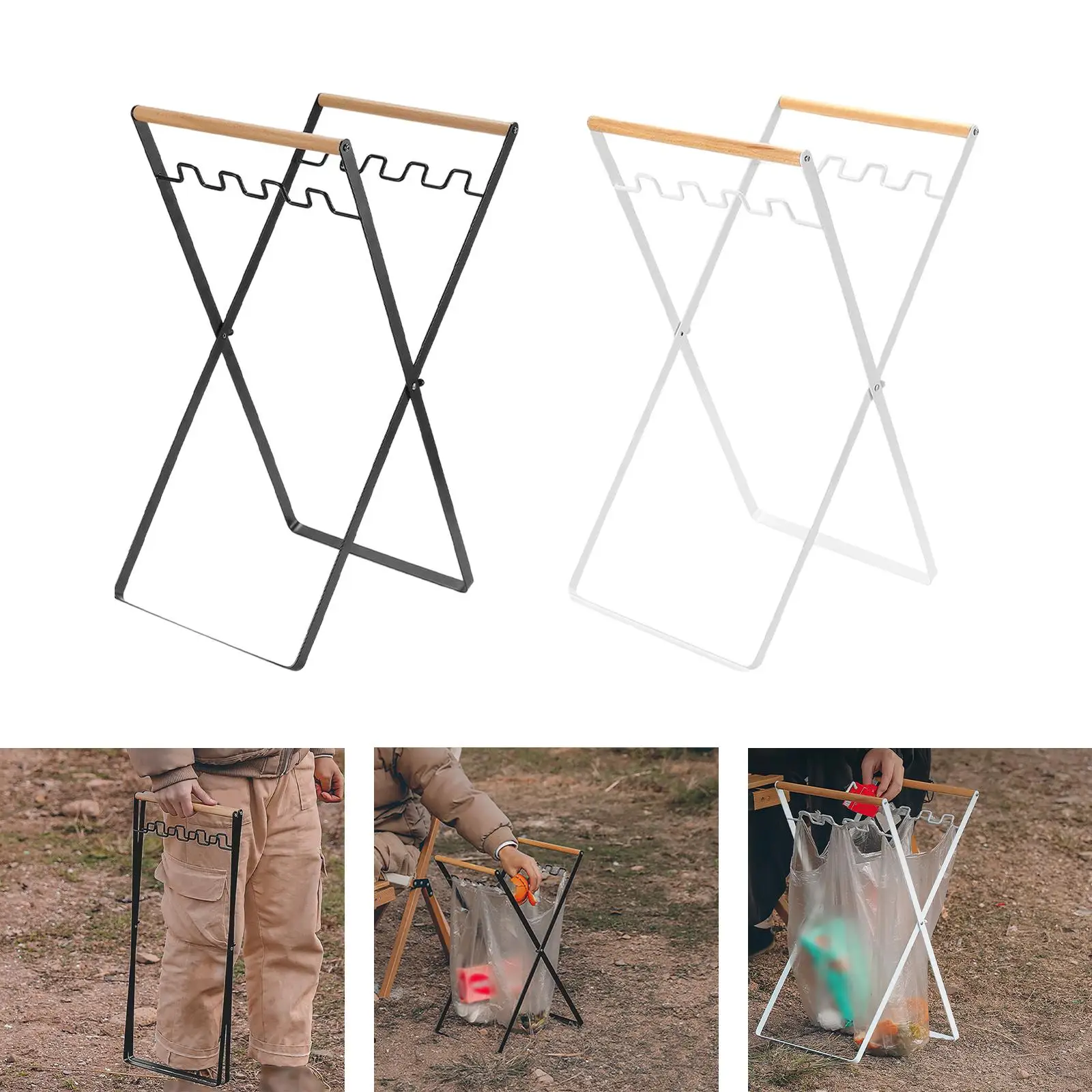 Folding Trash Can Stand Trash Rack Metal Frame Support Garbage Bag Holder Leaf Bag Rack for Kitchen Yard Outdoor Camping