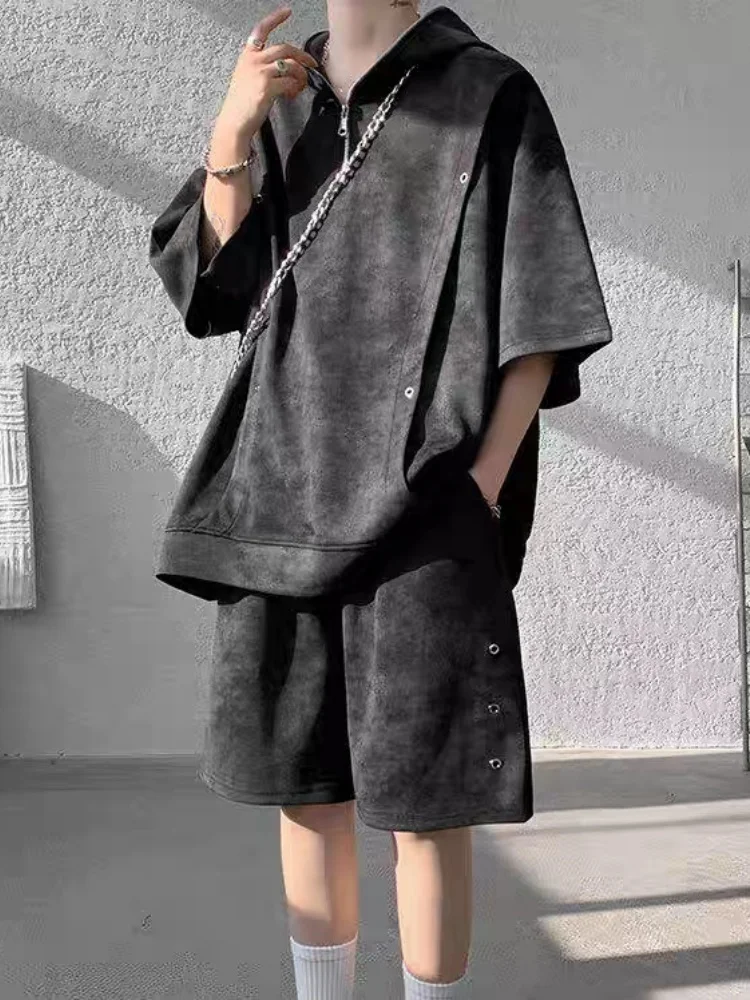 Men's Short Sleeve Shorts Two Piece Set 2025 Summer New Tie Dye Color Block Set Versatile Plus Size Half Zip Two Piece Outfit