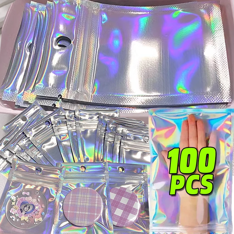 

10/100PCS Laser Sealing Bags Plastic Holographic Candy Food Pouch Resealable Necklace Jewelry Gift Packaging Kitchen Storage Bag