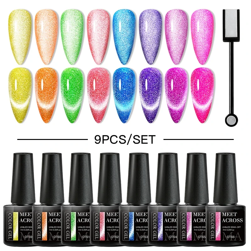 7 - 11 piezas / juego de esmalte de uñas de gel magnético para gatos reflejo fluorescente, juego de manicura de neón brillante con barra magnética