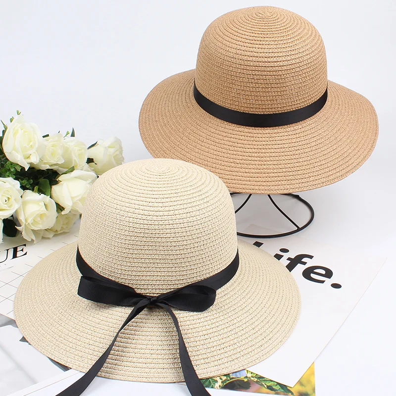 

Summer Sun Hat Korean Bow Straw Hat Foldable Breathable Summer Hat Sun Protection Big brim Hat Beach Panama Cap For Women