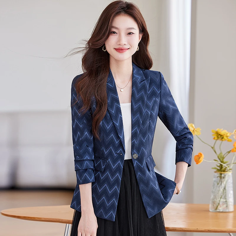 NAVIU Stripes Print Women Coat Solid Long Sleeve Blazers Lapel Nec Elegant Temperament Fashion Basic Jacket Office Lady Casual