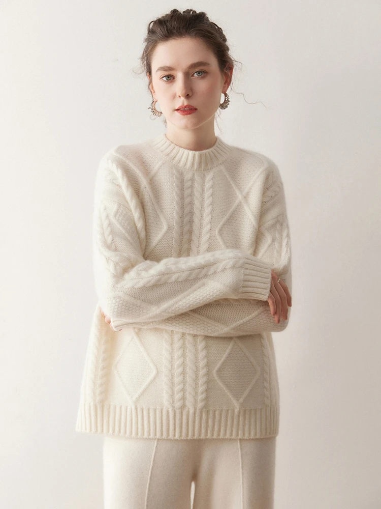

High Quality 100% Cashmere Casual Women's Pullover Thick Warm Jacquard Chic Sweater Autumn Winter Fashion Best Selling Tops