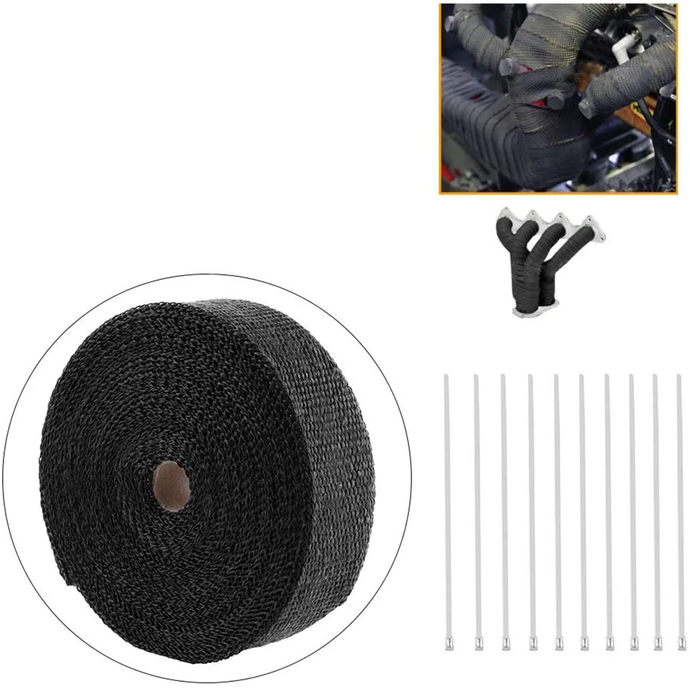 2000℉ Black Car Exhaust Pipe Heat Insulation Wrap 50mm x 15m with 10 Stainless Steel Cable Ties