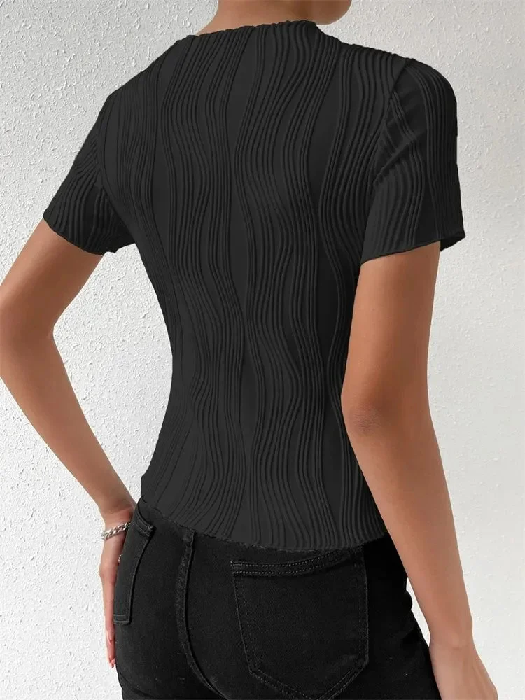 تي شيرت كاجوال برقبة دائرية وأكمام قصيرة للنساء للصيف والربيع بلون سادة تي شيرت منسوج مضلع ملابس الشارع Y2K