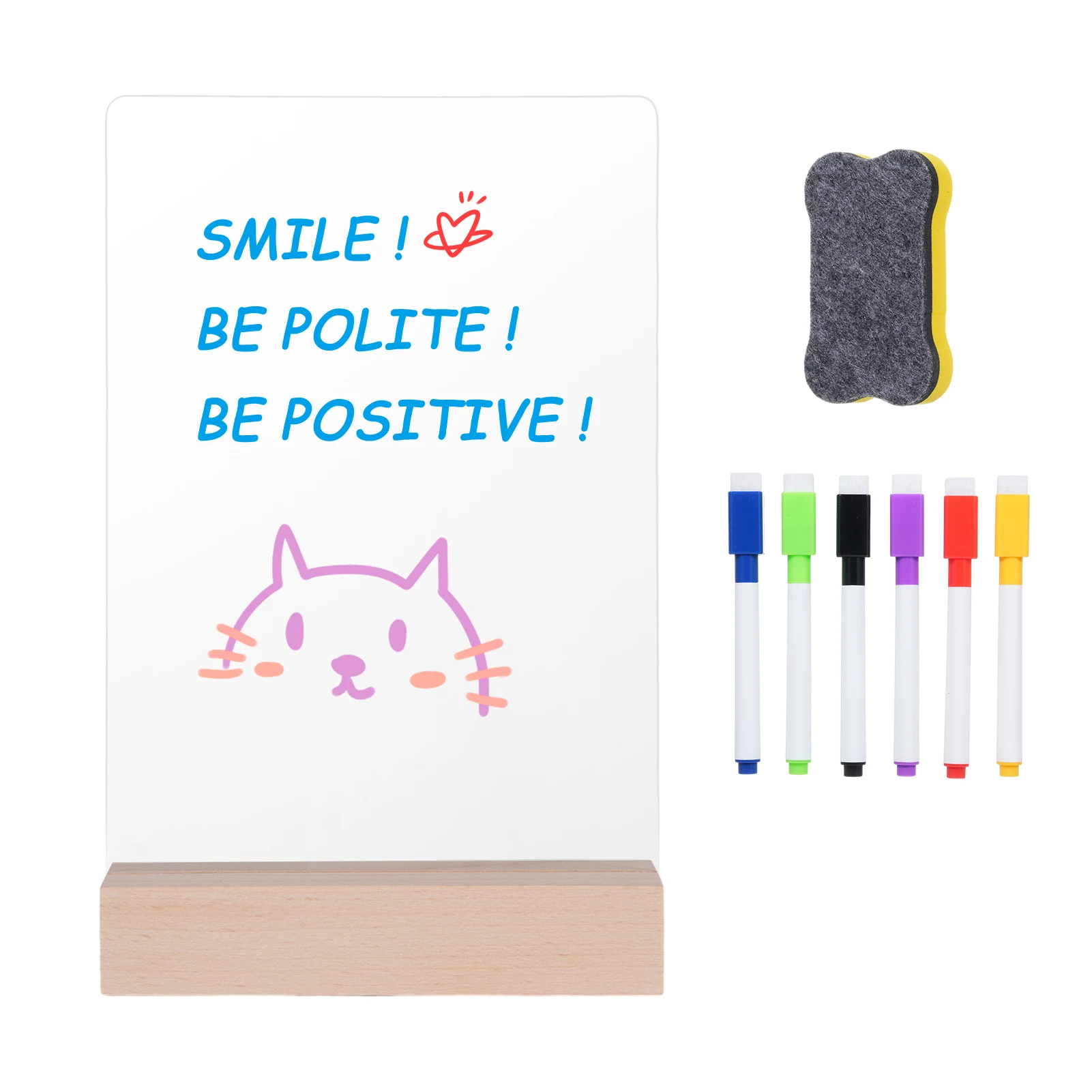 LED Note Board with Wooden Base Transparent Acrylic Plate Writing Message Letter Memo with Light Includes 6 Magnetic Markers