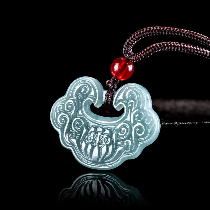 Real Natural Myanmar Emerald Blue Water Jade Lotus Lock Pendant Necklace Carved Charm Jewelry Fashion Amulet Gifts Certificate