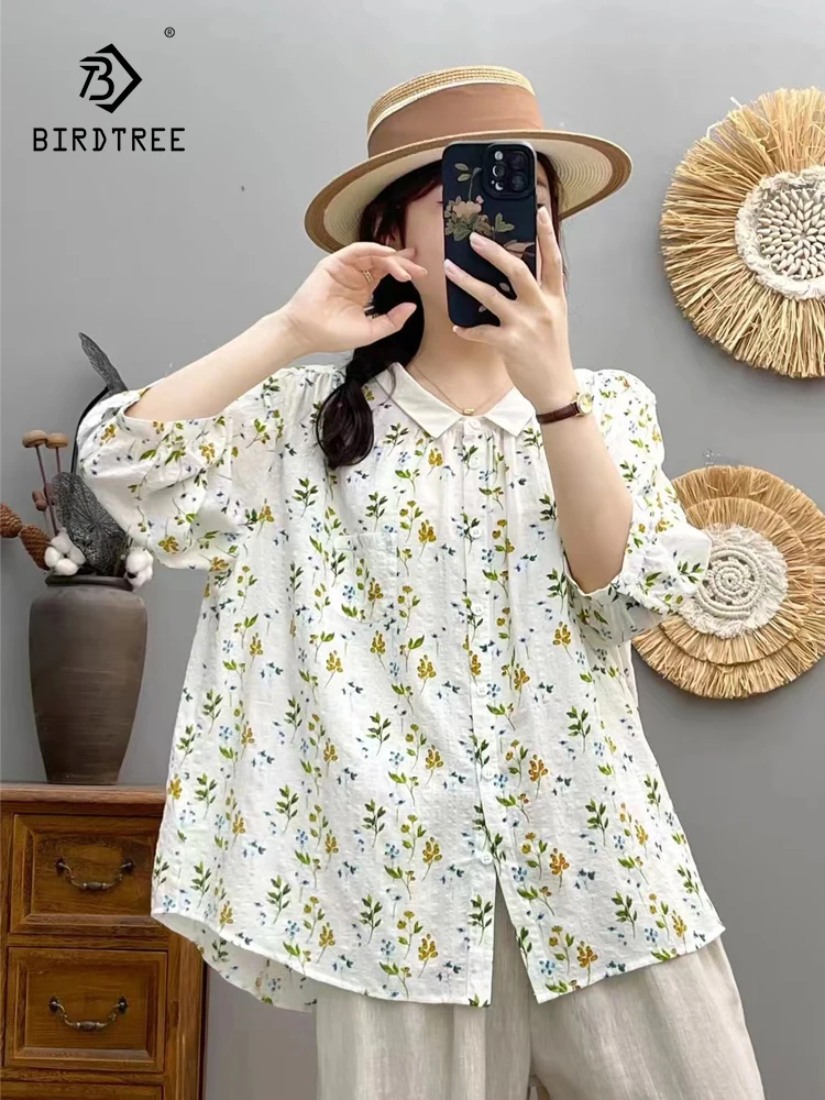 

New 2025 Summer Cotton 3/4 Sleeve Shirt, Women Turn-down Collar Printed, Mori Girl Versatile Casual Thin Loose Blouse T54042CC