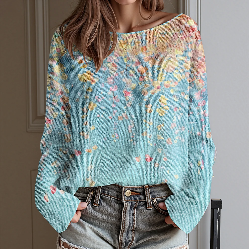 

Spring Fashion Women's Pastel Flower T-shirt Long Sleeve Watercolor Design Dandelion Daisy Top​ Boho Blue Daily Wear Blouse​