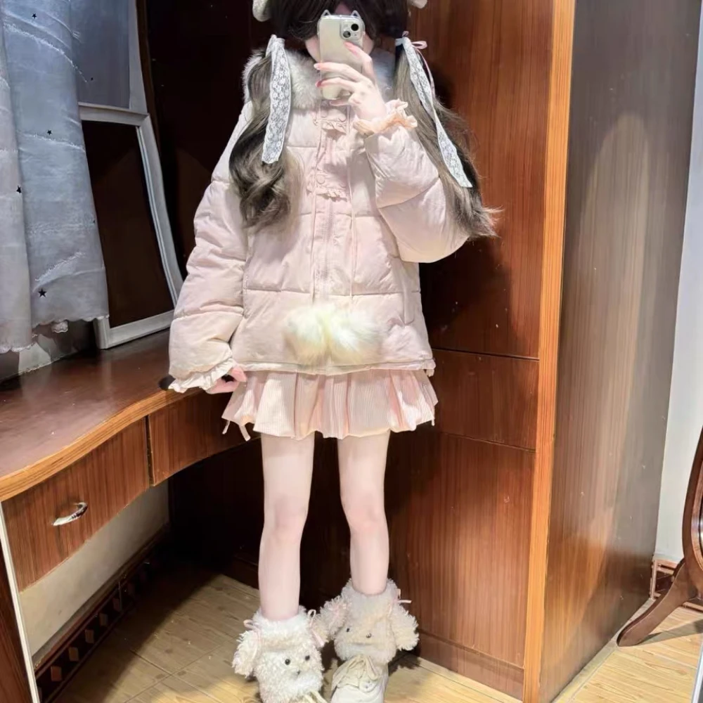 Women Kawaii Puffer Coat Faux Fur Hooded Winter Cotton Jacket Frog Button Fluffy Pom Pom Sweet Loose Outerwear