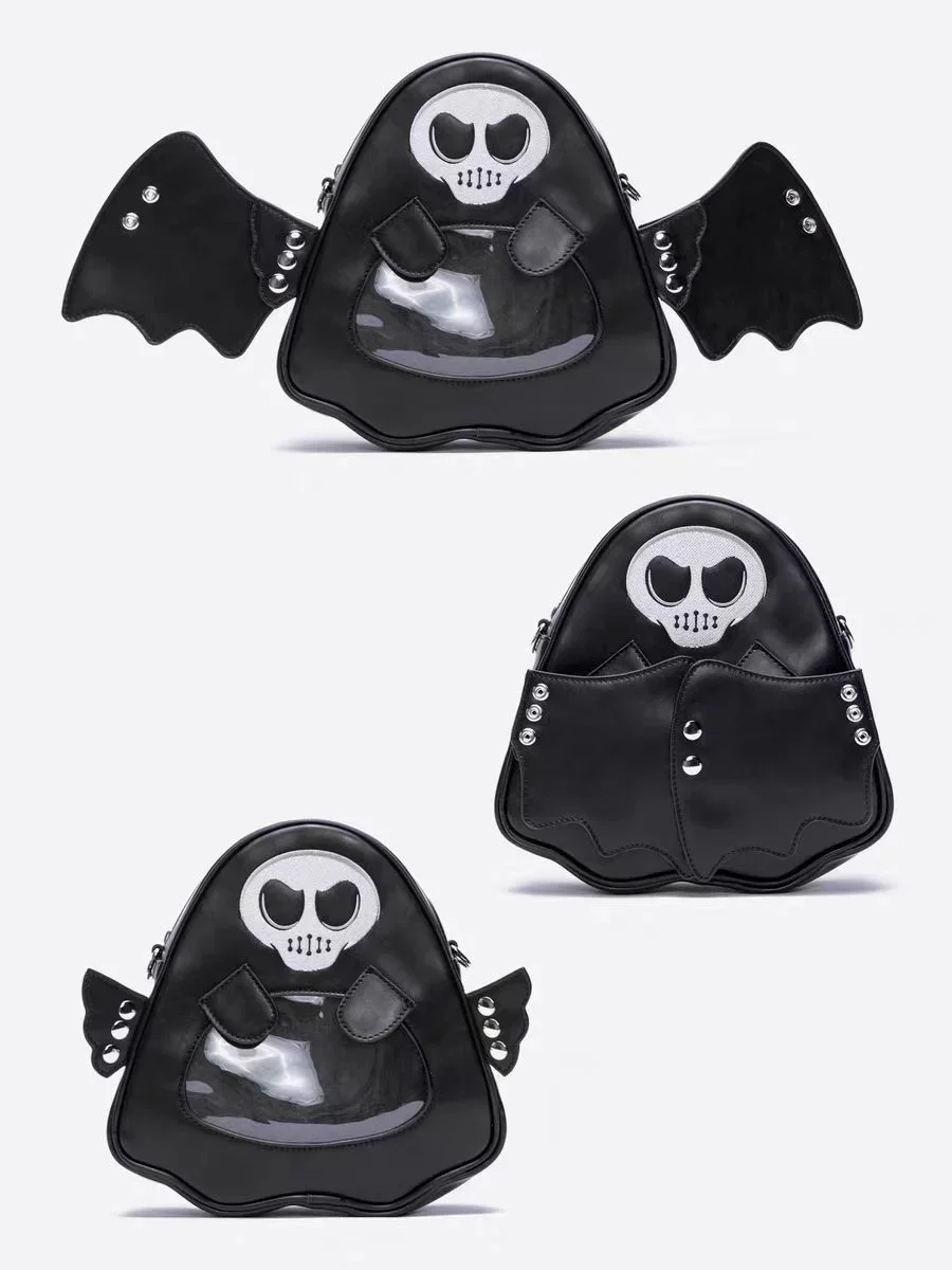 Mochila de piel sintética con diseño de fantasma para mujer, bolso de hombro de estilo japonés con cremallera pequeña, alas desmontables, bandolera Y2k