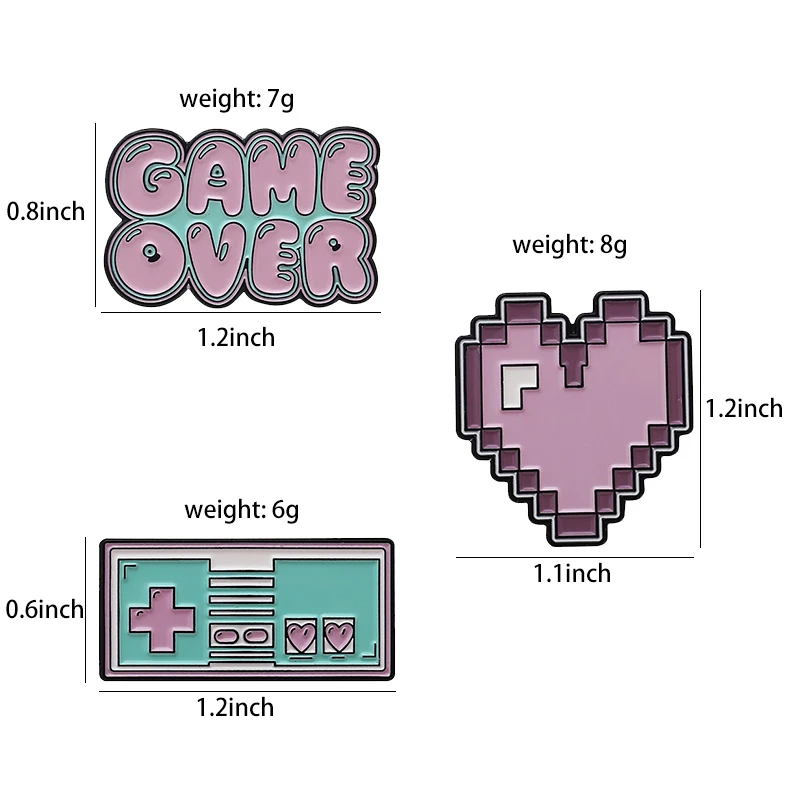 Pixel Art Enamel Pins Pixel Games Lapel Pins Game Over Cartoon Brooches Vintage Retro Game Metal Badges Heart Pins Up Wholesale