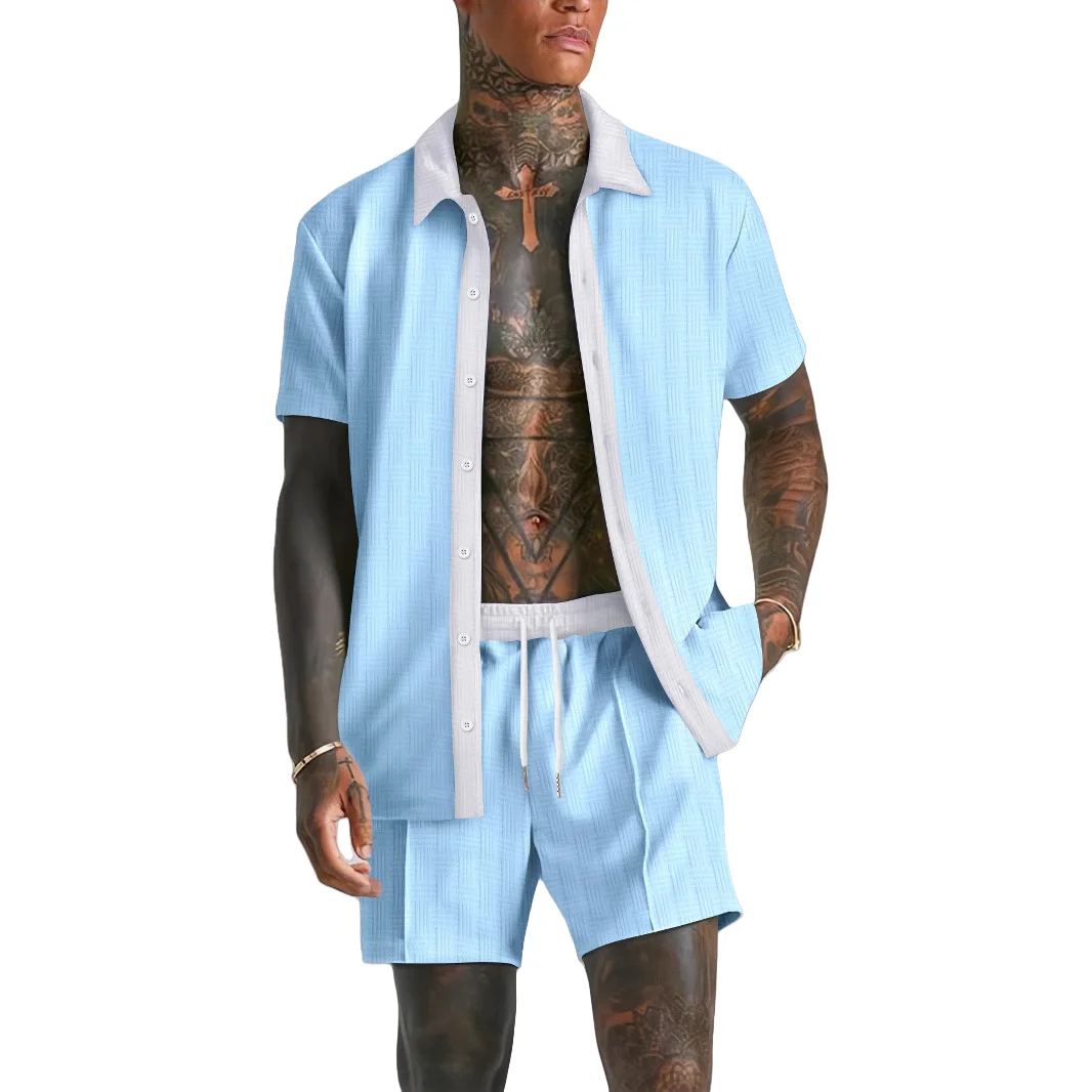 Men's Summer Casual Beach Set Fashionable Comfortable Jacquard Lapel Color-Matching Sleeveless Shirt And Shorts Two-Piece Ensemb