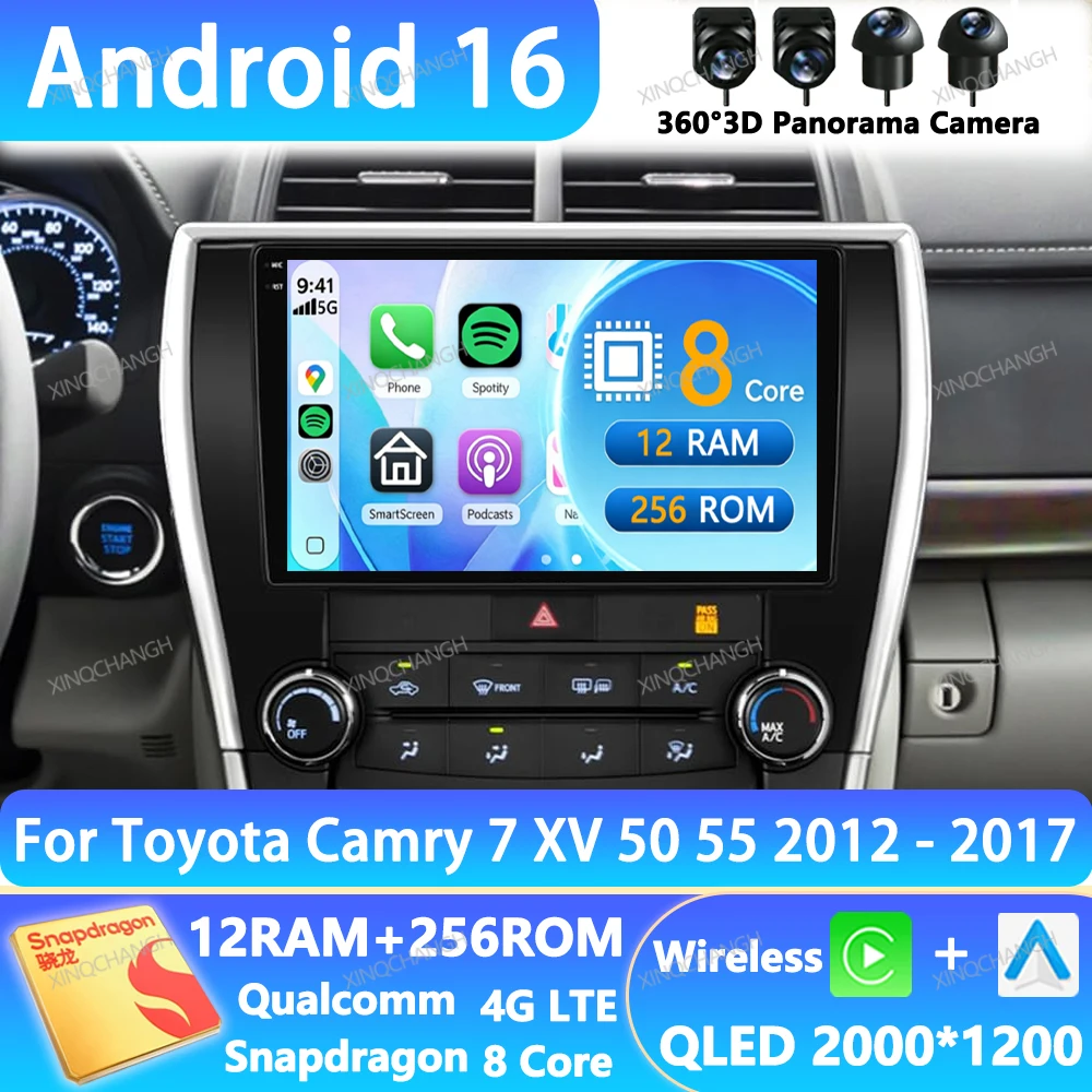 Android 16 Car Radio For Toyota Camry 7 XV 50 55 US Version 2012 - 2017 GPS Qualcomm Head Unit Navigation 4G LTE 5G WIFI 2DIN BT