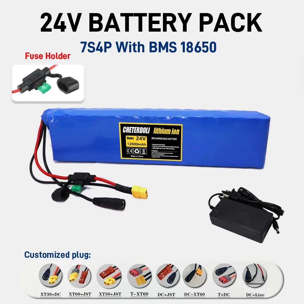 

7S4P 24V / 29.4V 12000mAh 18650 Lithium Ion Rechargeable Battery Pack with 15A BMS Fuse Holder and 29.4V DC Charger