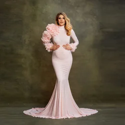 Elegant Pink Hi Neck Mermaid Maternity Dresses Stretchy Spandex Long Dress Pregant Women Ruffles Pleated Shoulder Pregancy Party