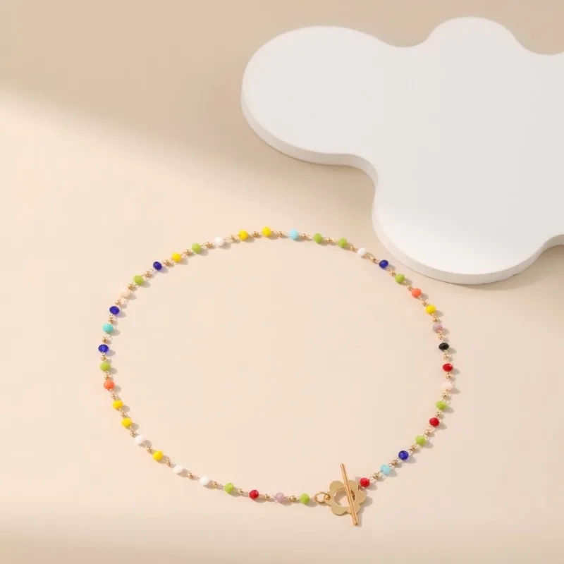 Sweet Ethnic Style Hand-Strung Dopamine Multicolor Glass Bead Flower Toggle Collar Chains Necklace for Women Vacation Jewelry
