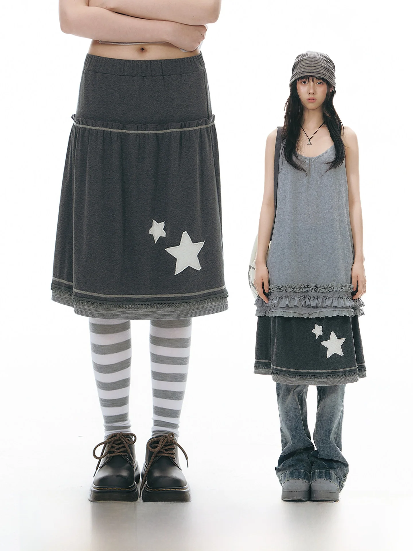 NAPSNAPS Original Star Pattern Knitted Half Skirt Women's Summer New Design Elastic Waist Grey Midi Skirt Ladies A-Line Skirt