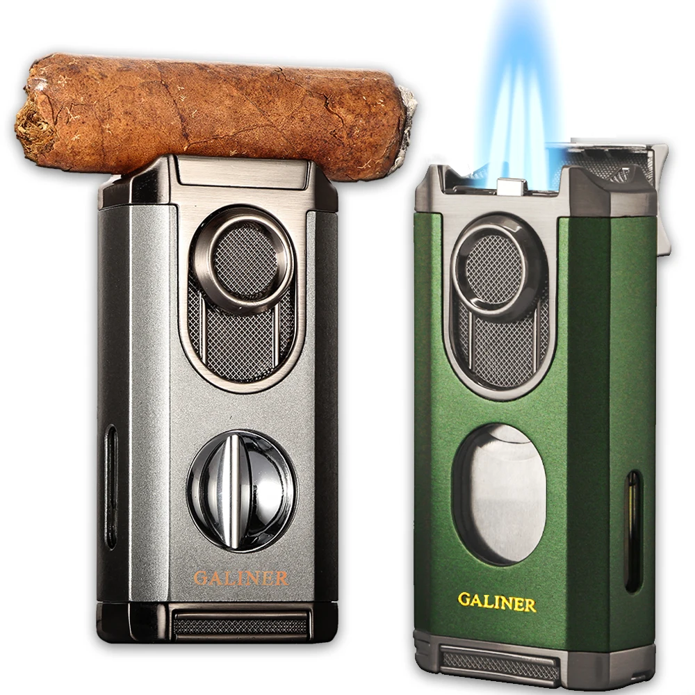 

GALINER Cigar Lighter With V-Cut Cigar Cutter Metal Portable 3 Jet Blue Flame Torch Lighters Smoking Tool
