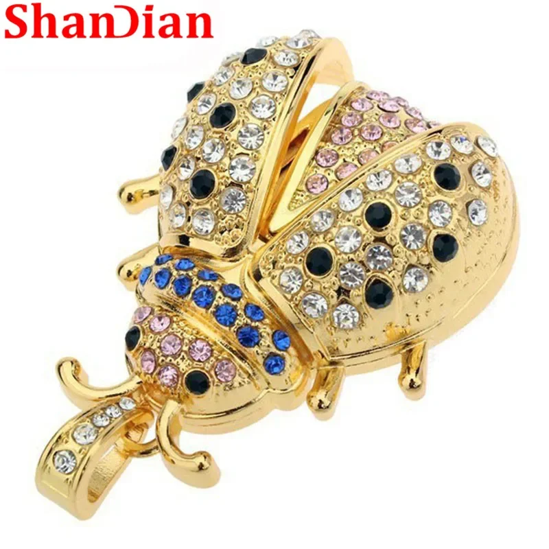 SHANDIAN Metal Beetle USB 2.0 Flash Drive 4GB 8GB 16GB 32GB 64GB 128GB  Pen Drives Gift Necklace Memory Stick Crystal U Disk