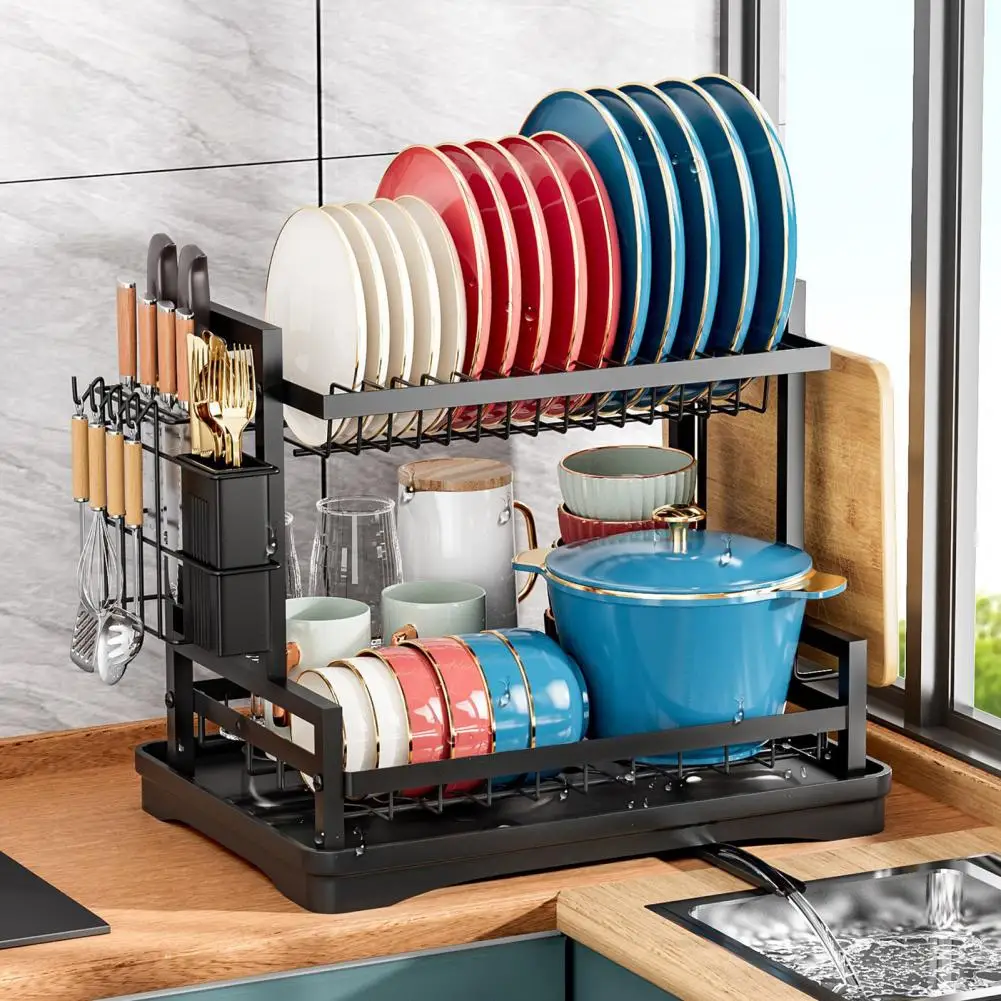 Kitchen Dish Rack 2-tier Dish Rack with Drainboard for Strong Load-bearing Self-draining Multifunctional Holder for Corrosion