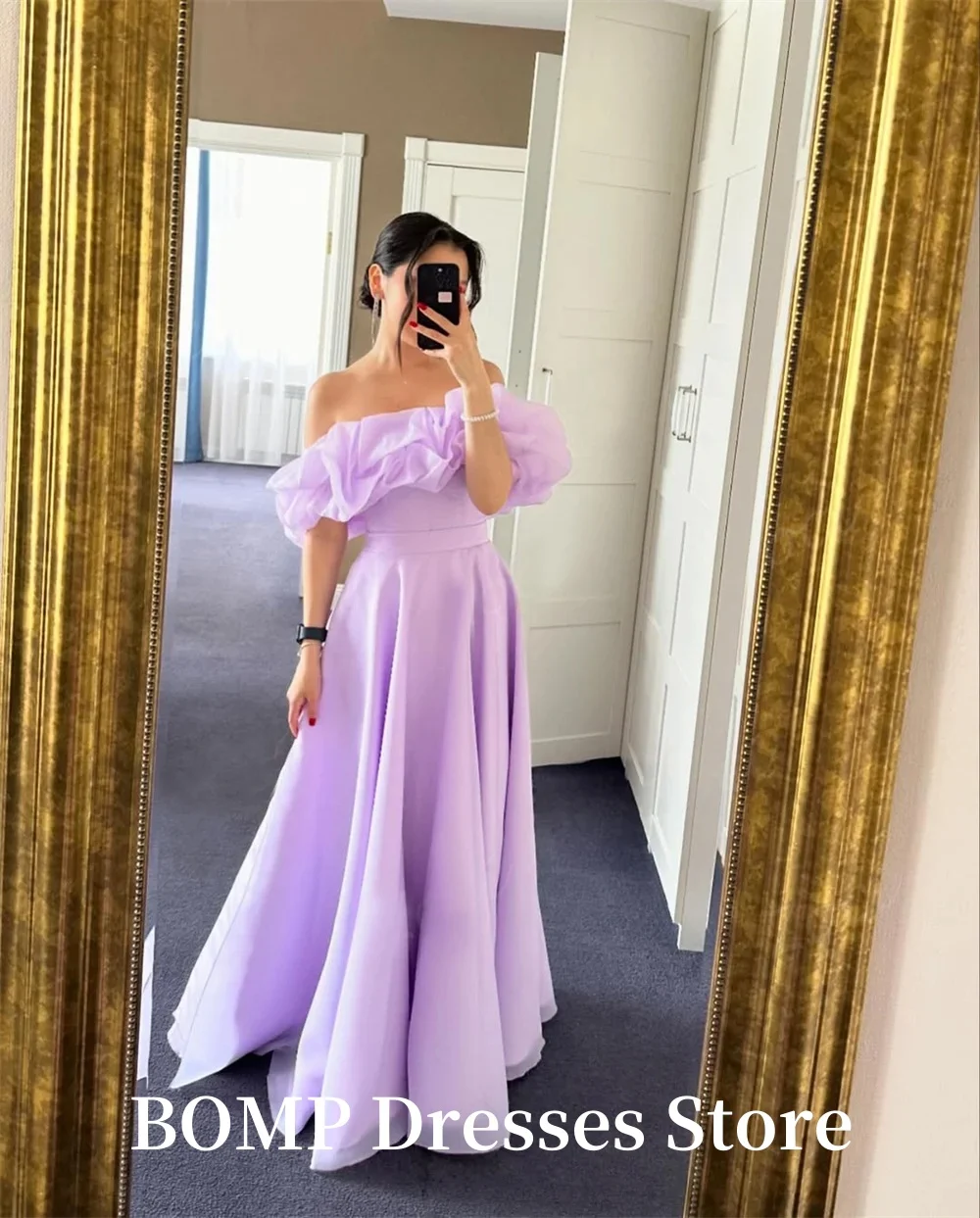 BOMP A-Linie Organza Lila Abendkleid für saudi-arabische Frauen Rüschen Plissee formelle Partykleider Abendkleid für besondere Anlässe