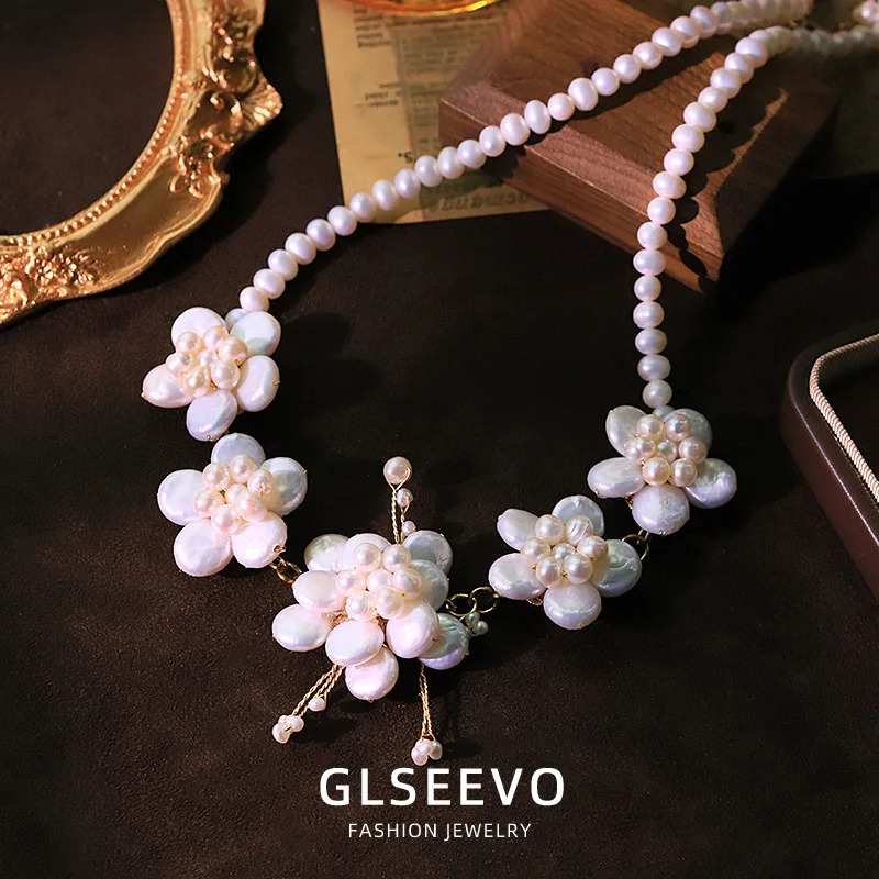 Natural Pearl Necklace Women, Featuring An Exaggerated Floral Design, A Clavicle Chain, And An Instagram-Worthy Accessory