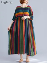 Oversized w paski nadruk letnia długa sukienka damska luźna, z falbanką plisowana moda sukienki damskie krótki rękaw Casual kobieca sukienka