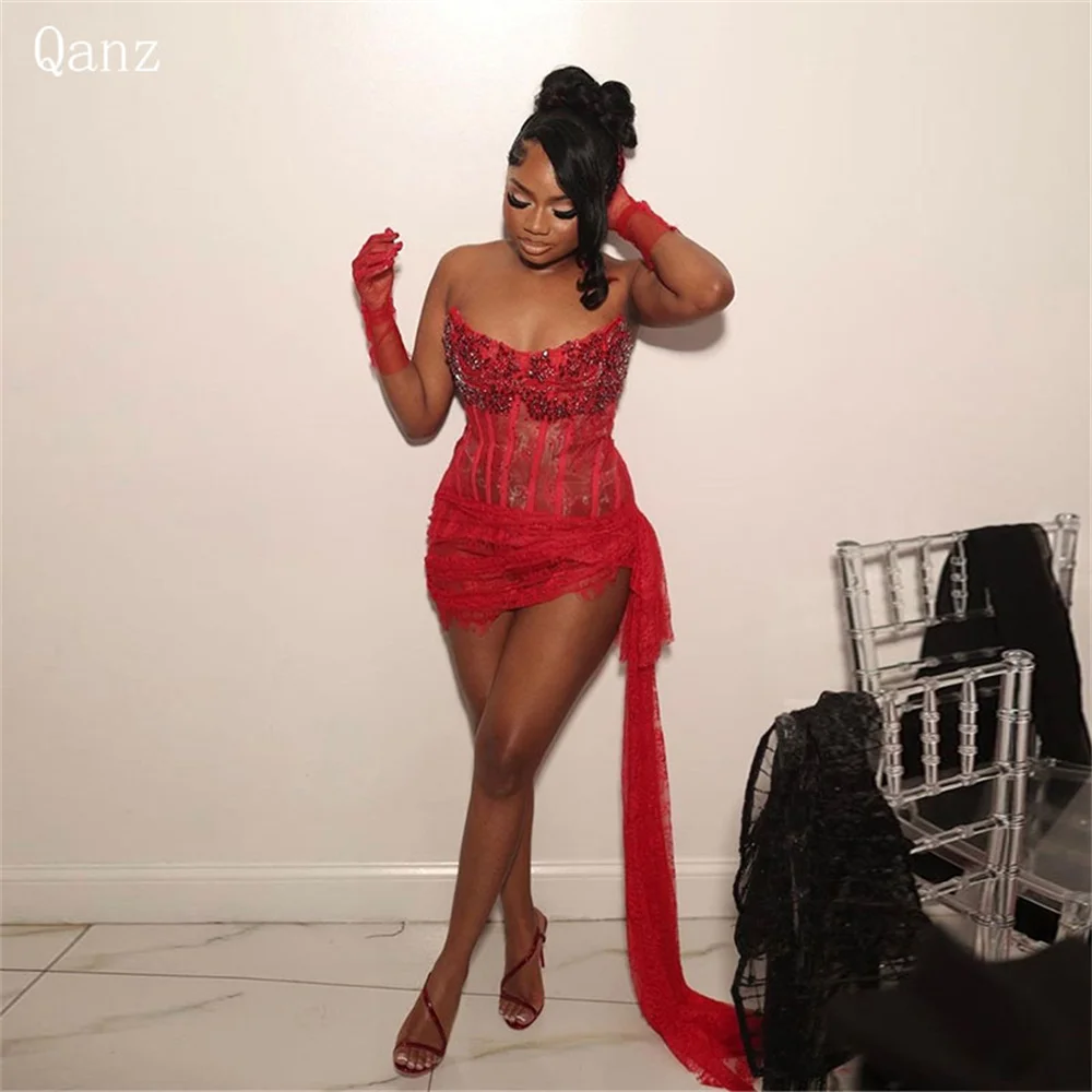 

Qanz Red African Party Dresses Woman Lace Beaded Short Prom Dresses Black Girls Tulle Robe Cocktail Luxe Dubai Customized