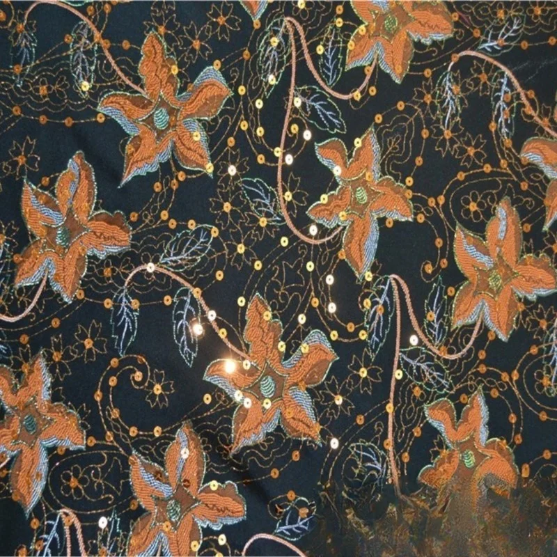 

Embroidered orange seven-color gold thread sequin fashion fabric for dress and cheongsam