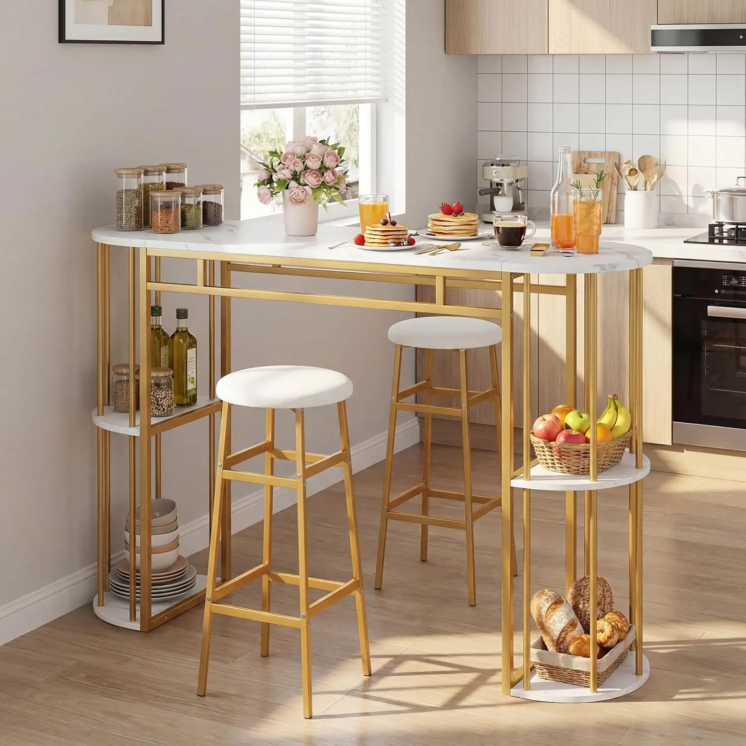 Bar Table Set for 2 with Storage Shelves, 60