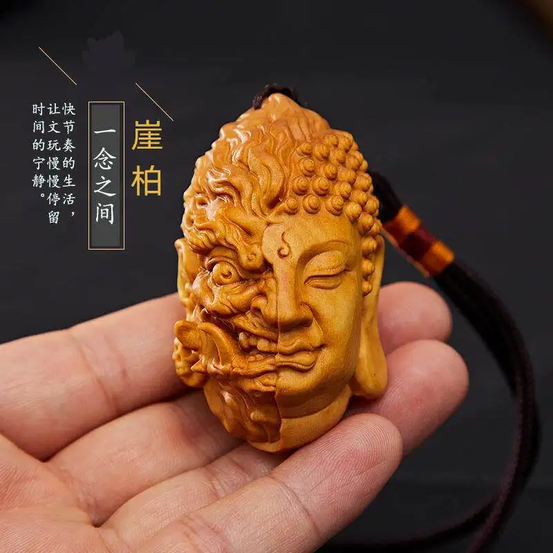 

Cz taihang thuja wood carving handle piece carved buddha demon head pendant crafts for personal use