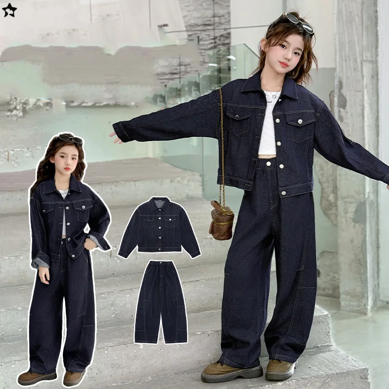

Children Girl Two-piece Denim Set Autumn Single-breasted Long Sleeves Coat+Straight-leg Jean 4-14Y Girls Outfit School Girl Suit