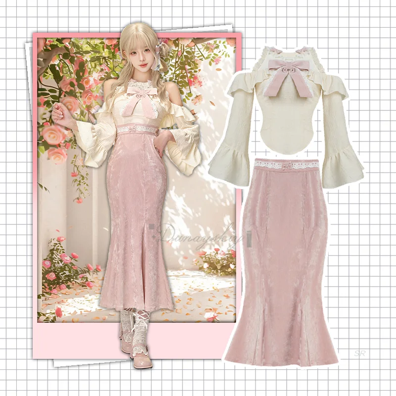 

Новое милое платье Лолиты для девочек 2025 года — топ с открытыми плечами с кружевной отделкой и розовая узкая юбка «рыбий хвост» Карнавалы на каждый день Хэллоуин