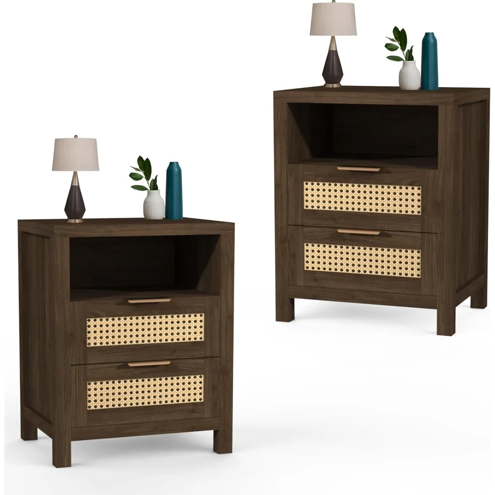 

Wood Night Stand Set of 2, Rattan Nightstand with Drawers and Storage Shelf, Small End Table for Bed, Bedroom