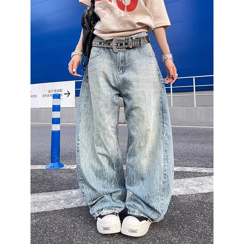 

Женские светло-голубые мешковатые джинсы с карманами в стиле Харадзюку, джинсовые брюки в японском стиле 2000-х годов, винтажные джинсовые брюки, тройная одежда оверсайз