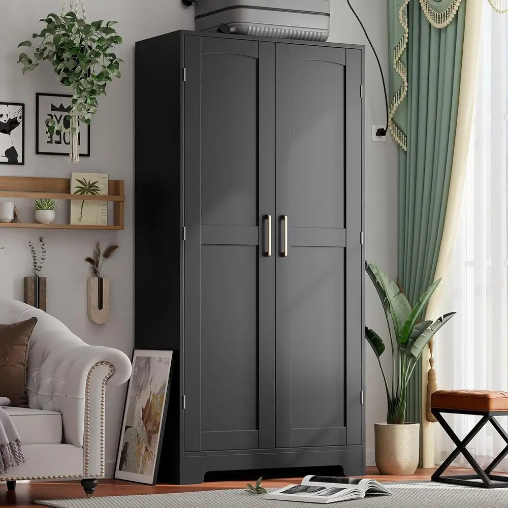 

Black Freestanding Wooden Wardrobe with Hanging Rod and Shelves for Bedroom, Laundry, or Cloak Room Storage