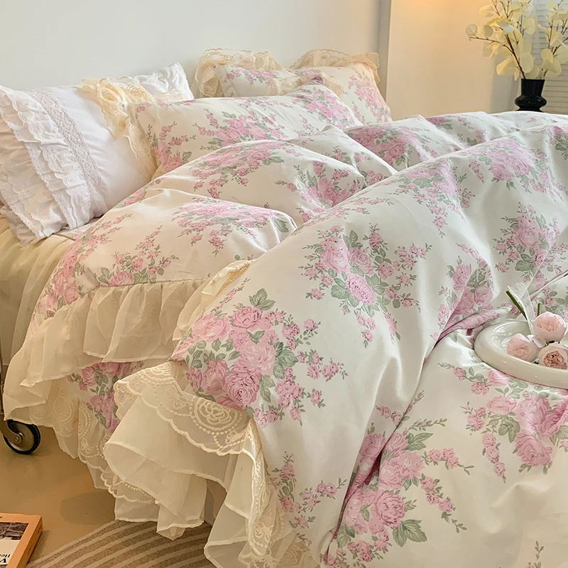 

100% Cotton Korean Princess Style Lace Ruffles Floral Print Bedding Set Queen King Size Duver Cover Set Bed Skirt Pillowcases