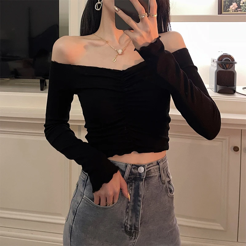 

Bla Lace Trim oulder Long Sve T-irt Women's Spring New Sle Lobone Exposure Design Unique ort Top Commute Sle