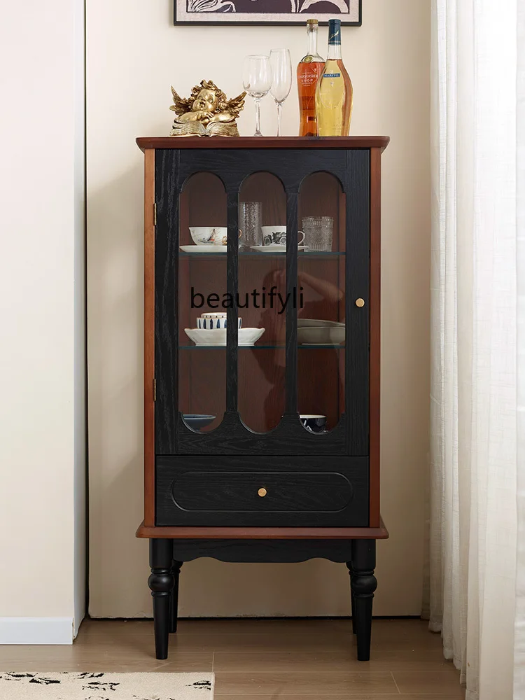 

French retro solid wood glass wine cabinet living room wall display cabinet American household side cabinet